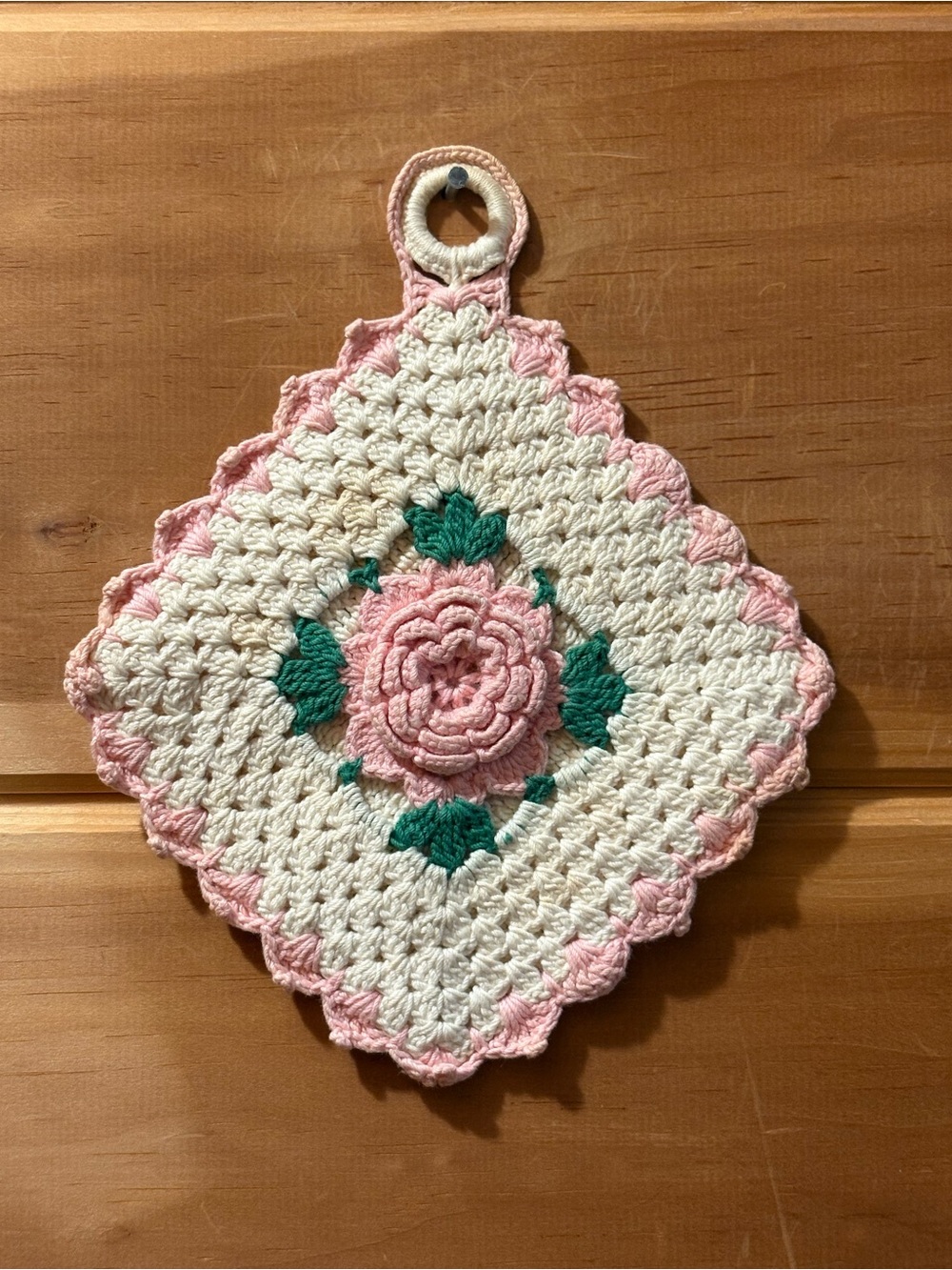 Vintage Hand Crocheted Pink Rose Potholder Hot Pad Trivet